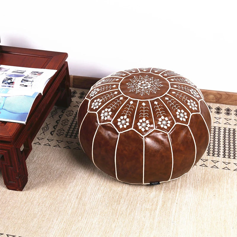 Pouf en cuir PU marokkanischer – Pouf à la main et coussin en style méditerranéen, rond 50 cm, non tissé 