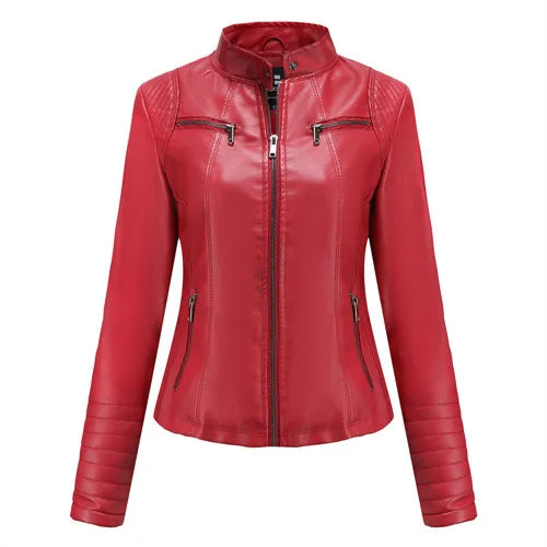 Damen Slim Lederjacke – Kurze Bikerjacke mit Stehkragen & Reißverschluss, Monochromer Look, Modische All-Season Jacke