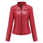 Damen Slim Lederjacke – Kurze Bikerjacke mit Stehkragen & Reißverschluss, Monochromer Look, Modische All-Season Jacke