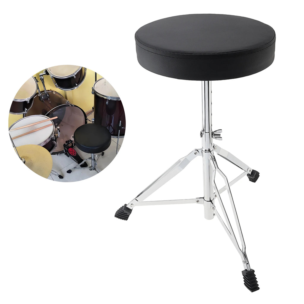 Höhenversstellbarer Drum Hocker aus PU-Leder – Gepolsterter Schlagzeugstuhl mit Edelstahl-Dreibein für Anfänger &amp; Erwachsene 