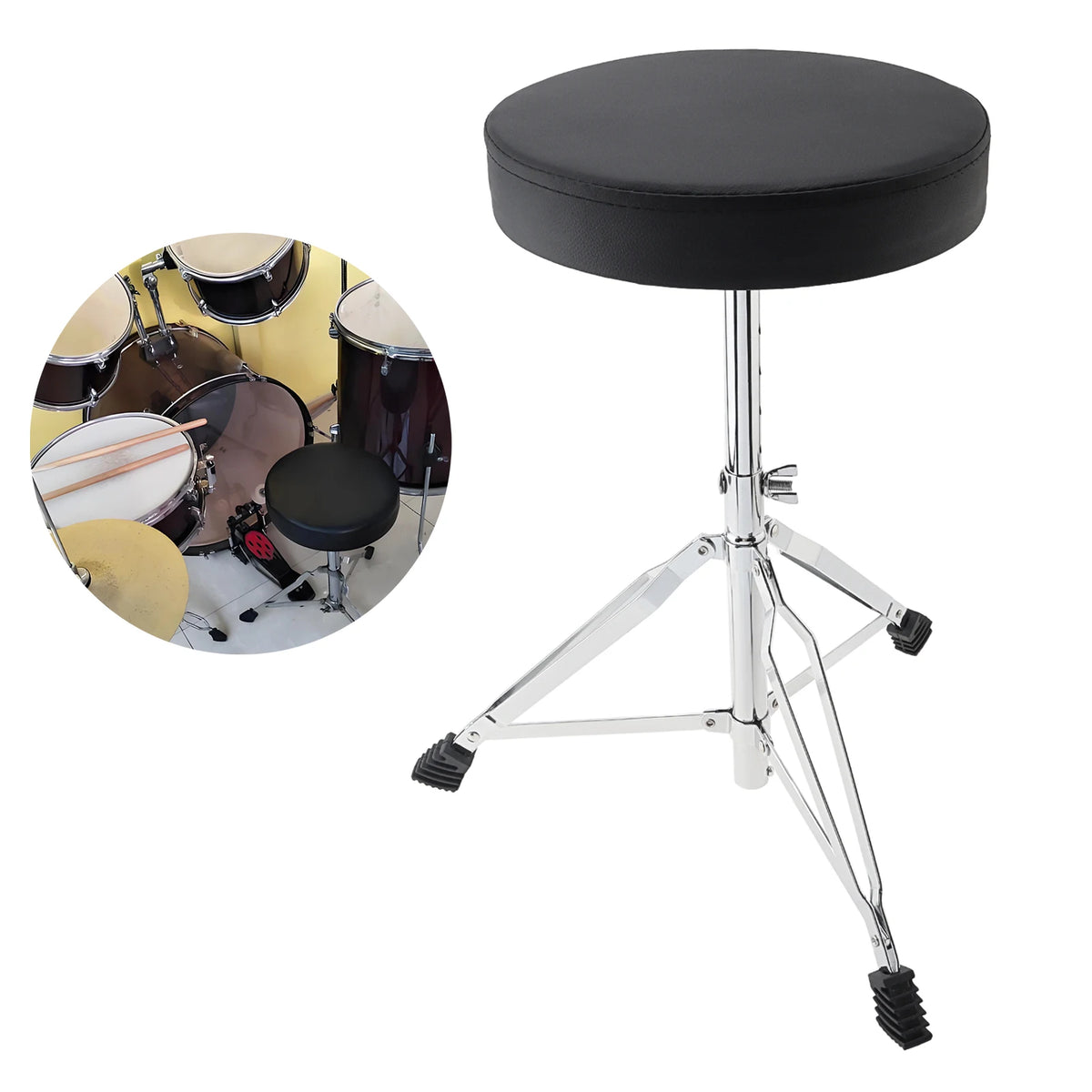 Höhenversstellbarer Drum Hocker aus PU-Leder – Gepolsterter Schlagzeugstuhl mit Edelstahl-Dreibein für Anfänger &amp; Erwachsene 