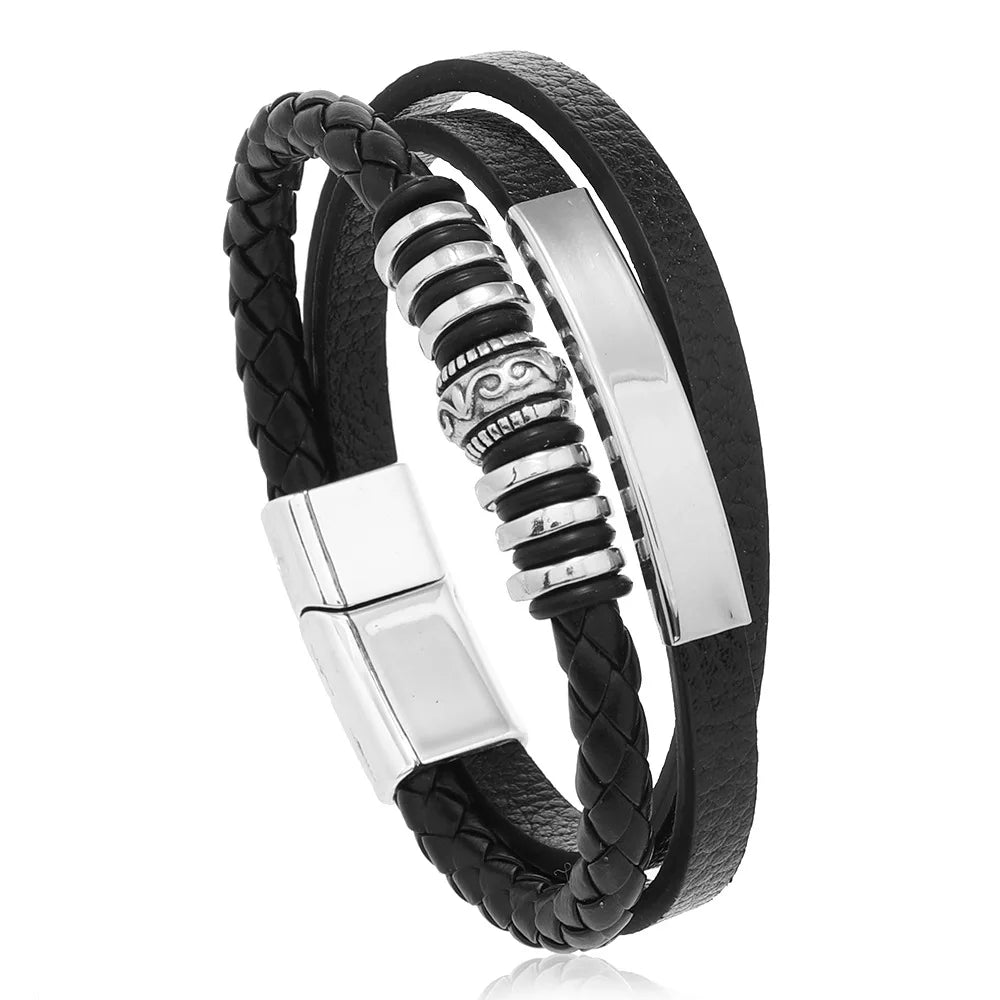 Herren Lederarmband mit Edelstahl & geflochtenem Design – Mehrlagiges Vintage Armband 21 cm für stilbewusste Männer