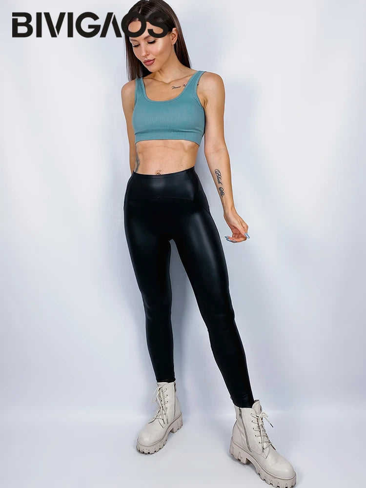 BIVIGAOS Legging en cuir PU polaire pour femme – Taille haute, coupe ajustée et chaud pour l'herbe et l'hiver 