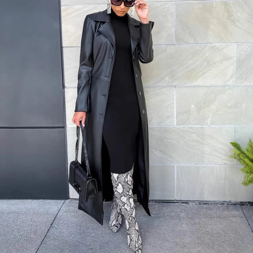 Damen Langer Kunstleder Mantel 2025 – PU Faux Leather Coat mit Reverskragen, Single-Breasted Verschluss & Splice-Design, Y2K Streetwear Jacke