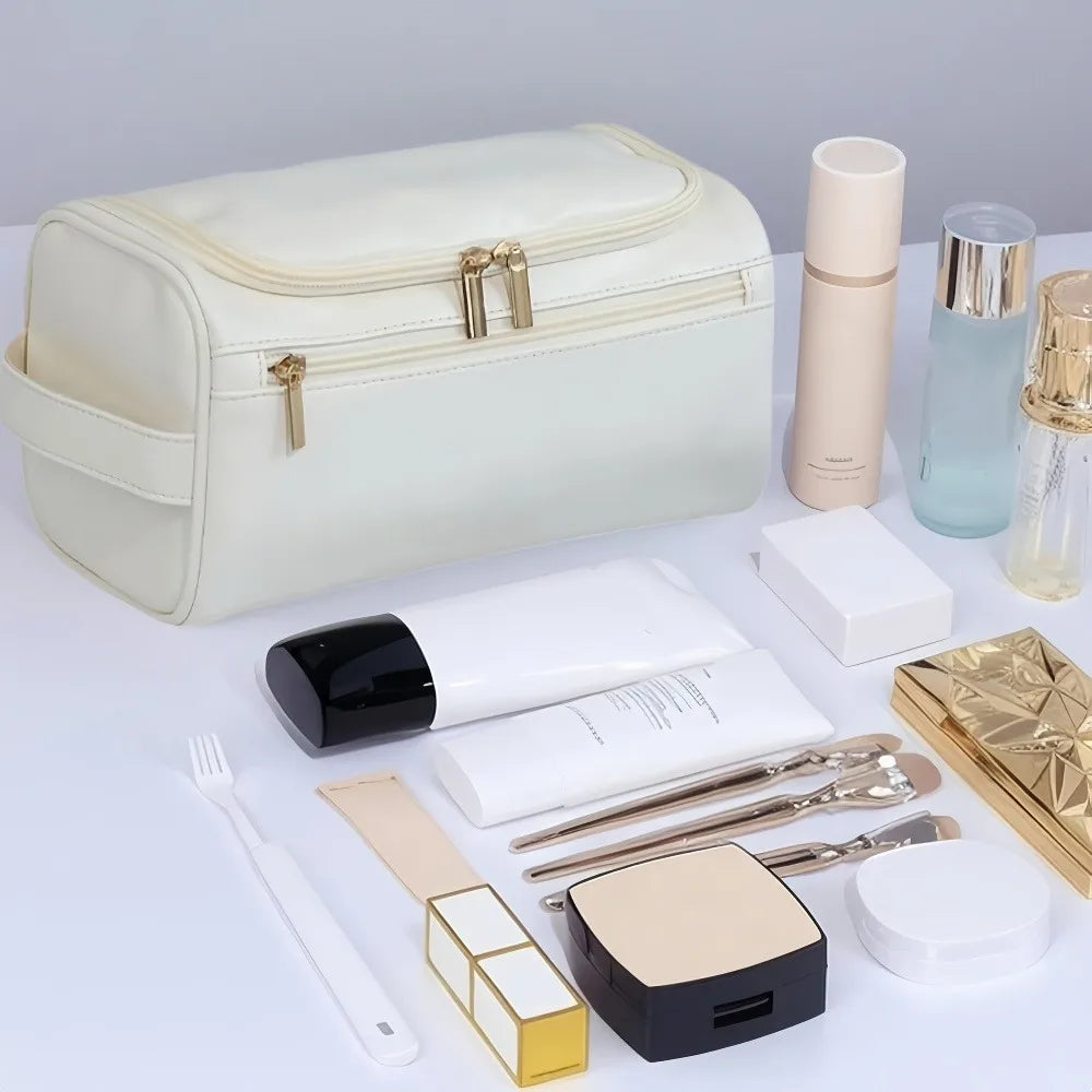Geprägter Lederoptik Reise-Kulturbeutel – Hängender Kosmetik-Organizer mit großem Stauraum &amp; Reißverschluss