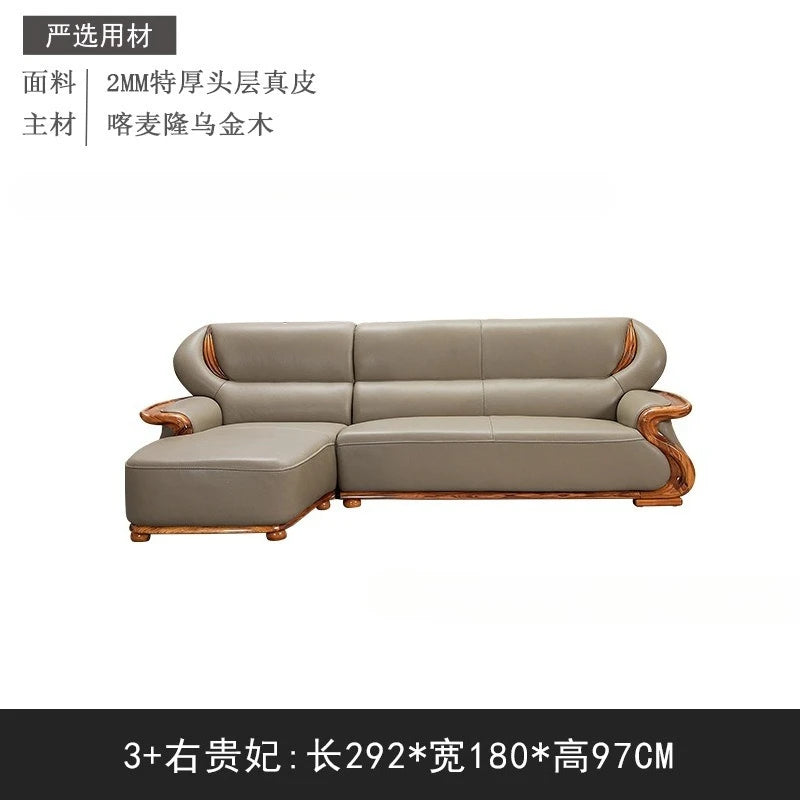 Luxuriöses Ecksofa aus Ebenholz &amp; Echtleder – Nouveau canapé en cuir de style chinois en forme de L, haut de gamme pour les femmes stilvolles