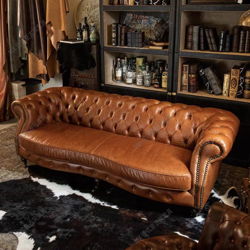 Canapé rétro américain en cuir au style Chesterfield – Canapé design classique en cuir ciré à l'huile pour salon, hôtel et salon