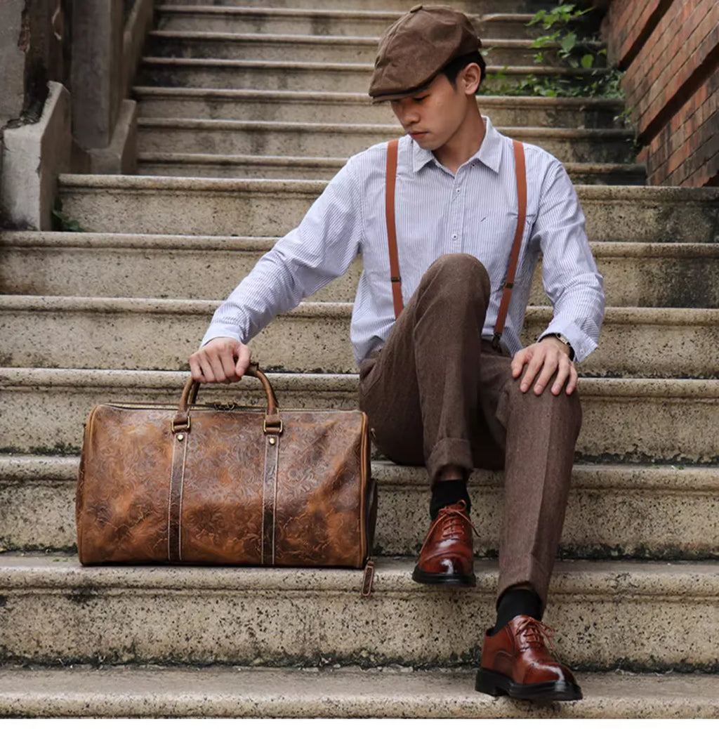 LUOKIR Vintage Leder Tote Reisetasche – Große Travel Duffle Bag aus geprägtem echtem Rindsleder, Premium Wochenend- &amp; Sporttasche