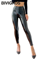 BIVIGAOS Damen Mirror PU Leder Leggings – Glänzend & reflektierend, High Waist, Slim Fit mit Stretch für einen modernen Statement-Look