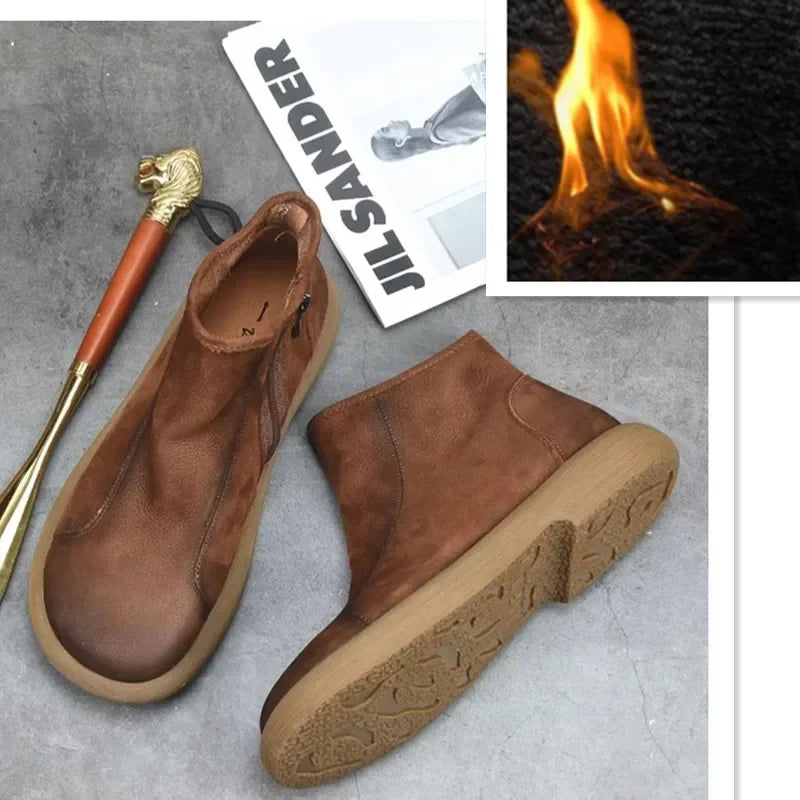 Handgefertigte Damen Stiefeletten aus echtem Leder – Warme Retro Ankle Boots mit Rundspitze & Reißverschluss (Größe 35–45)
