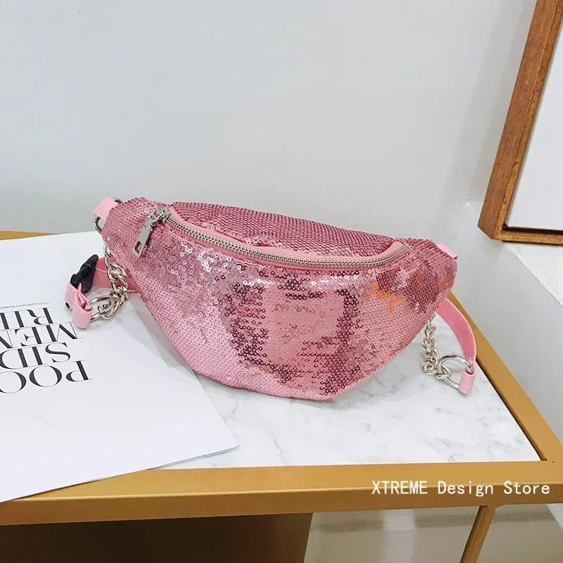 MOONBIFFY Damen Glitzer Fanny Pack – Glänzende Bauchtasche & Schultertasche aus PU-Leder, Trendige Reisetasche