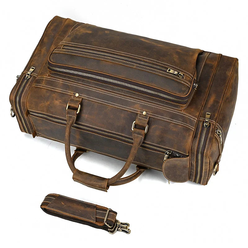 Newsbirds Extralarge Crazy Horse Leder Reisetasche für Herren – 60 cm Vintage Travel Duffle aus echtem Rindsleder mit Nietenboden