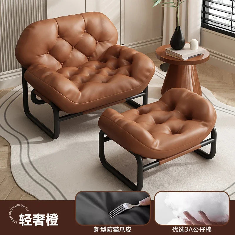 Moderner Leder-Relaxsessel mit Armlehnen & Fußhocker – Minimalistischer Single Sofa Chair in Weiß für Wohnzimmer, Balkon & Meditation