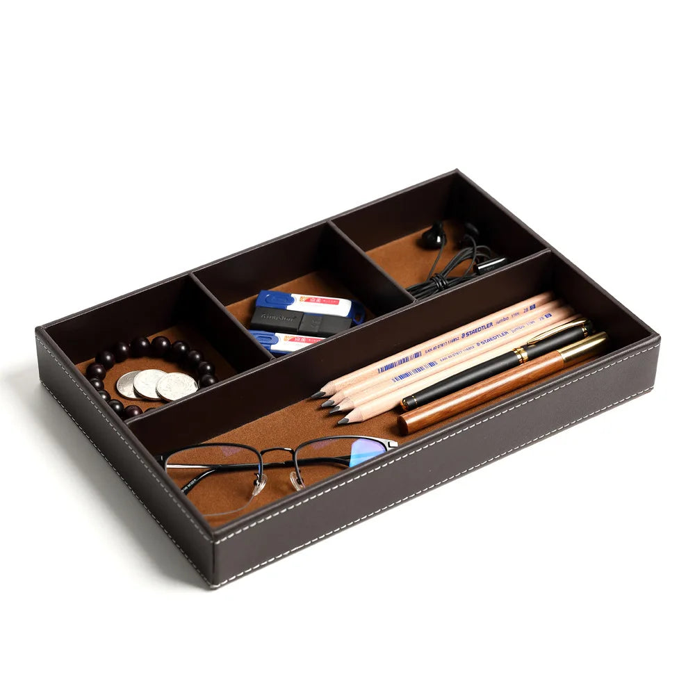 PU Leder Ablageschale mit 5 Fächern – Robuster Nightstand & Desktop Organizer für Schlüssel, Brille & Schreibwaren