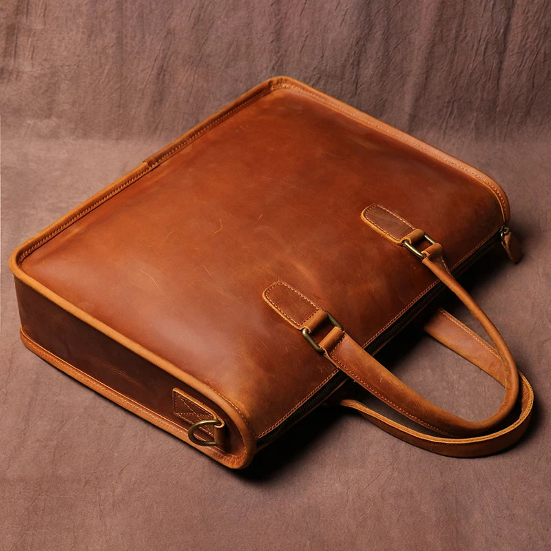 LUOKIR Herren Leder-Aktentasche – Vintage Crazy Horse Cowhide Briefcase für 14" Laptop