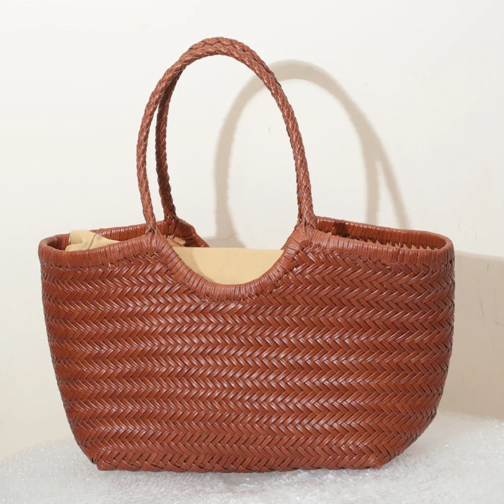 Damen Schultertasche aus echtem Leder – Handgeflochtene Vintage Tote Bag aus Rindsleder, große Shoppingtasche