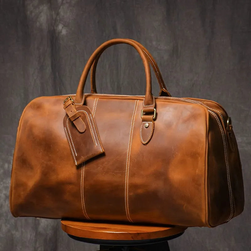 LEATHFOCUS Vintage Reisetasche aus echtem Rindsleder – Bolso grande de viaje y bandolera de cuero Crazy Horse, apto para portátil de 14 pulgadas 