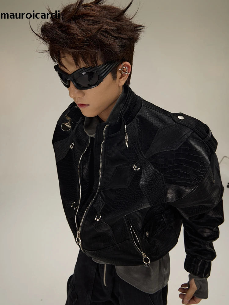 Mauroicardi Herren PU Lederjacke Schwarz – Kurze, glänzende Bikerjacke mit Krokodil-Prägung im Luxury Y2K Streetwear Style