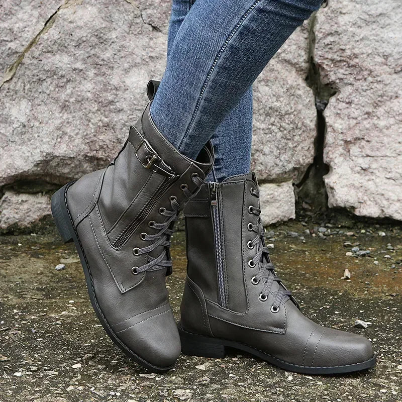 Damen Ankle Boots mit Blockabsatz – PU Leder Stiefeletten mit Schnürung & Reißverschluss, bequeme Herbst-Winter Arbeitsschuhe in großen Größen