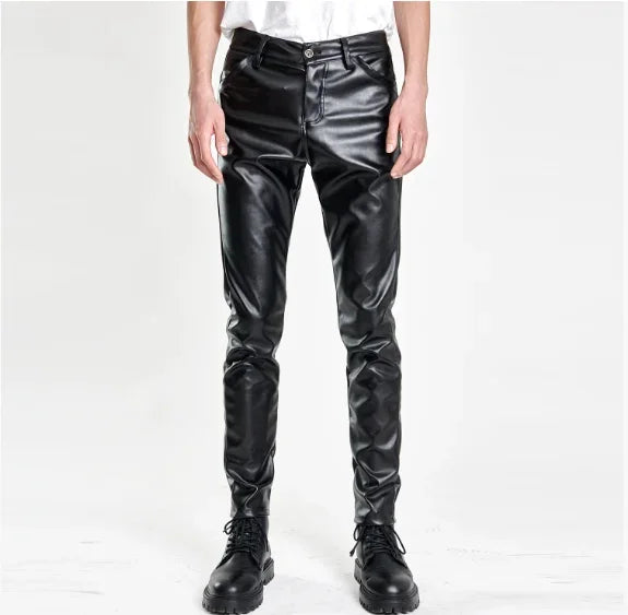 Herren Moto Skinny PU Lederhose – Elastische Kunstlederhose in Schwarz, Gold & Weiß, dünne Biker-Hose für Party & Streetwear (Gr. 28–40)