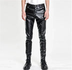 Herren Moto Skinny PU Lederhose – Elastische Kunstlederhose in Schwarz, Gold & Weiß, dünne Biker-Hose für Party & Streetwear (Gr. 28–40)