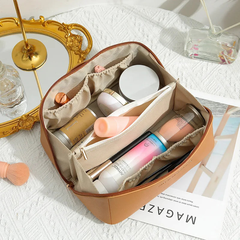 Sac à cosmétiques avec plus grande capacité – Sac de maquillage étanche en cuir PU, organiseur de beauté à ouverture plate à 180° pour femmes