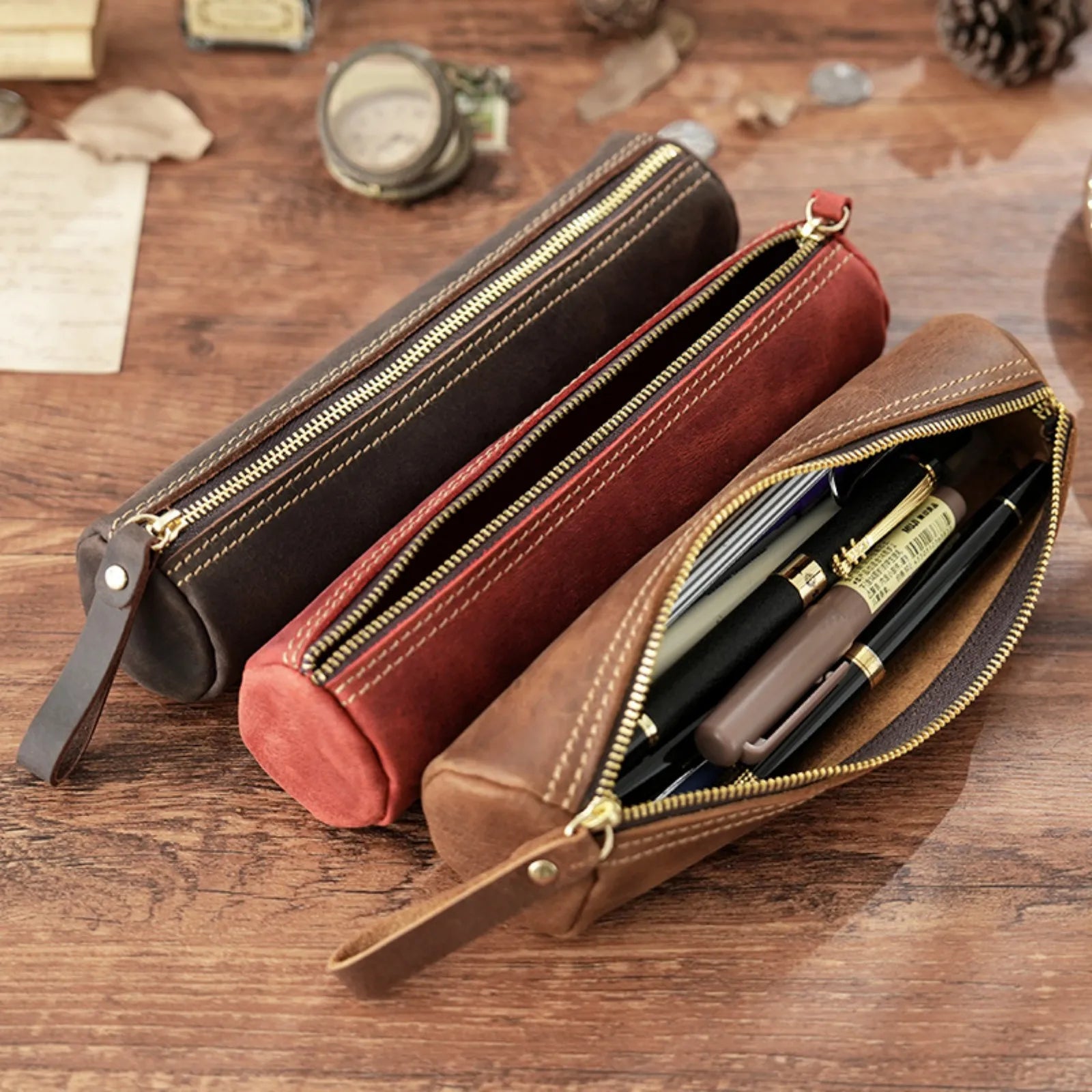 Genuine Leather Zipper Pen Case - Stylish Pencil Pouch for Students, Office & Travel - Compact Stationery Organizer Bag