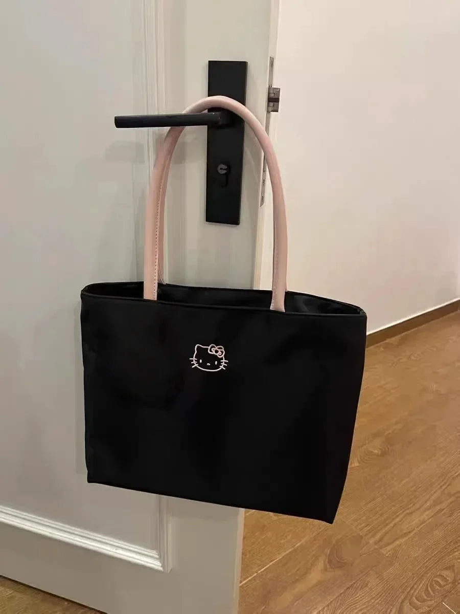 Sacs à provisions pour femmes avec autocollants Cartoon – Grand sac à provisions noir en nylon, doux et moderne
