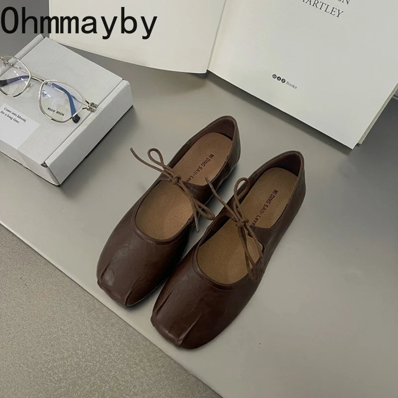 ohmmayby Damen Ballerina Flats 2025 – Frühling Mary Jane Schuhe mit Butterfly-Knoten, Bequeme Leder Flats für Party und Alltag