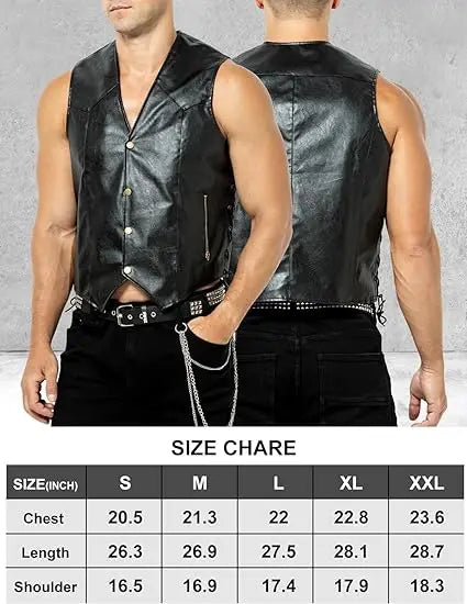 Herren Motorrad Weste aus Kunstleder – Biker Lederweste mit verstellbarer Schnürung & versteckten Taschen, V-Ausschnitt, ganzjährig tragbar