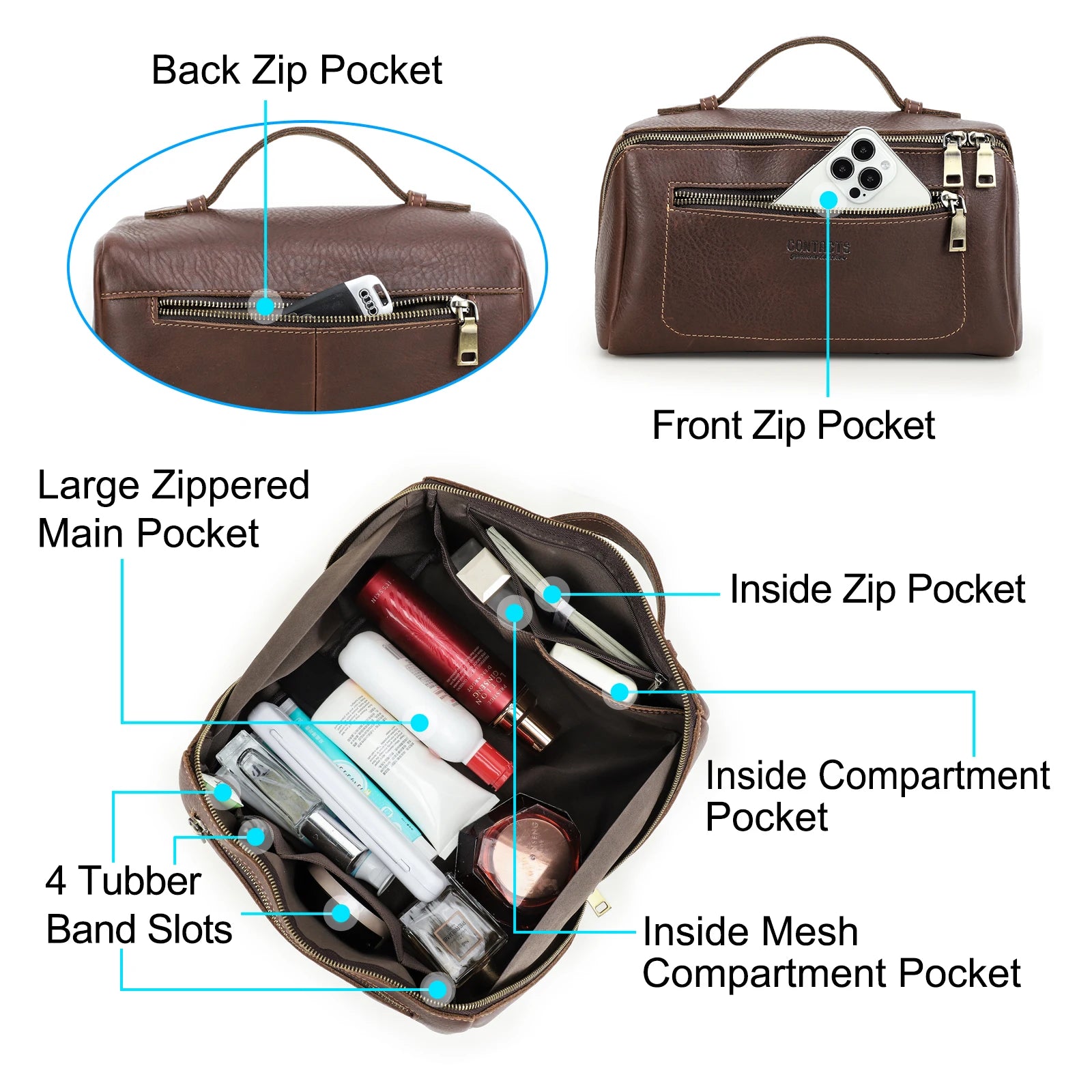 CONTACTO Herren Kulturbeutel aus echtem Leder – Hochwertige Wasch- &amp; Kosmetiktasche mit großer Kapazität