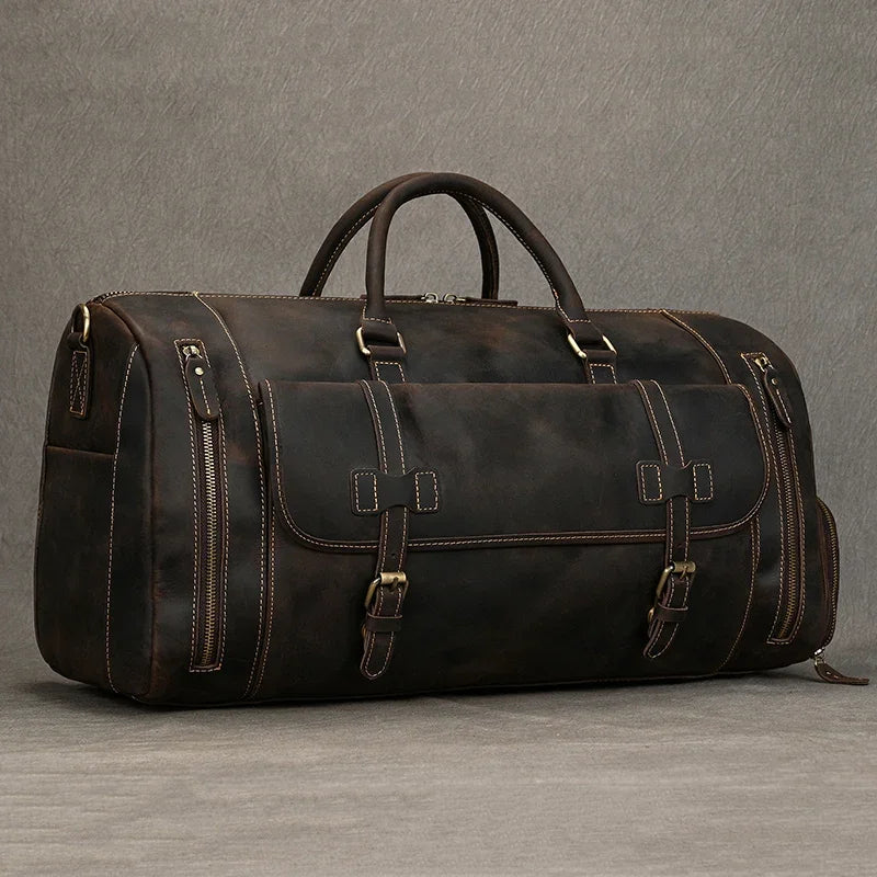 QINGWU Bolsas de cuero grandes para hombres – Vintage Weekender aus echtem Crazy Horse Rindsleder mit Schuhfach 