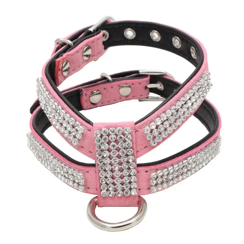 Verstellbares Hunde-Geschirr mit Strass – K-förmiges Bling Harness aus PU-Leder mit Schnellverschluss para pequeños perros y gatos 