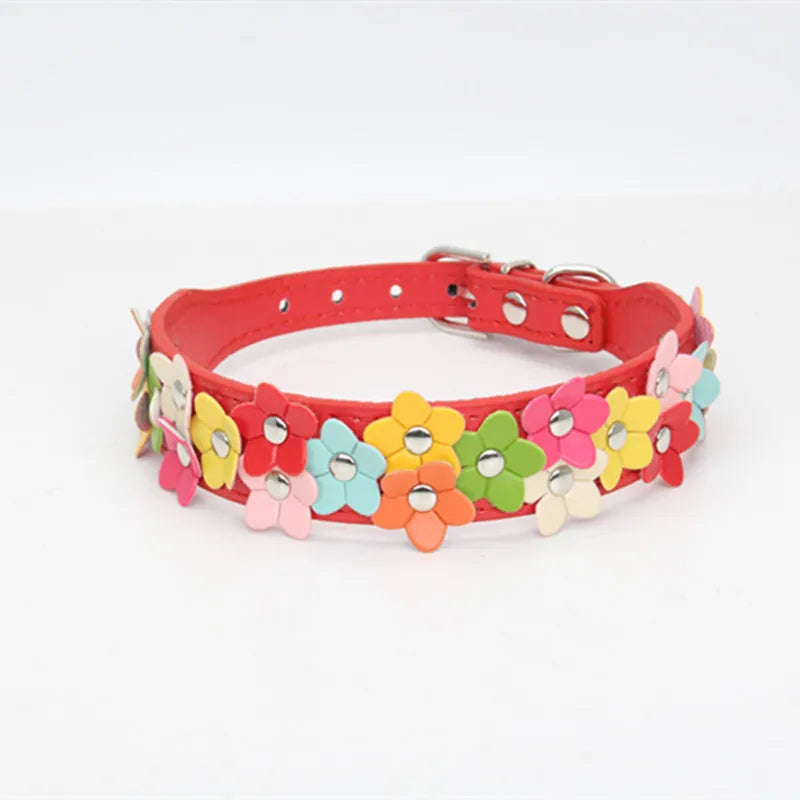 Buntes Blumen Hunde-Halsband aus Leder – Doppelreihiges Flower Pet Collar mit Schnalle für Welpen & kleine Hunde