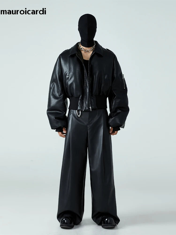 Mauroicardi Herren PU Lederjacke Schwarz – Kurze, Warme Designerjacke mit Baumwollfutter &amp; Reißverschluss für Herbst &amp; Winter