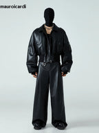 Mauroicardi Herren PU Lederjacke Schwarz – Kurze, Warme Designerjacke mit Baumwollfutter &amp; Reißverschluss für Herbst &amp; Winter