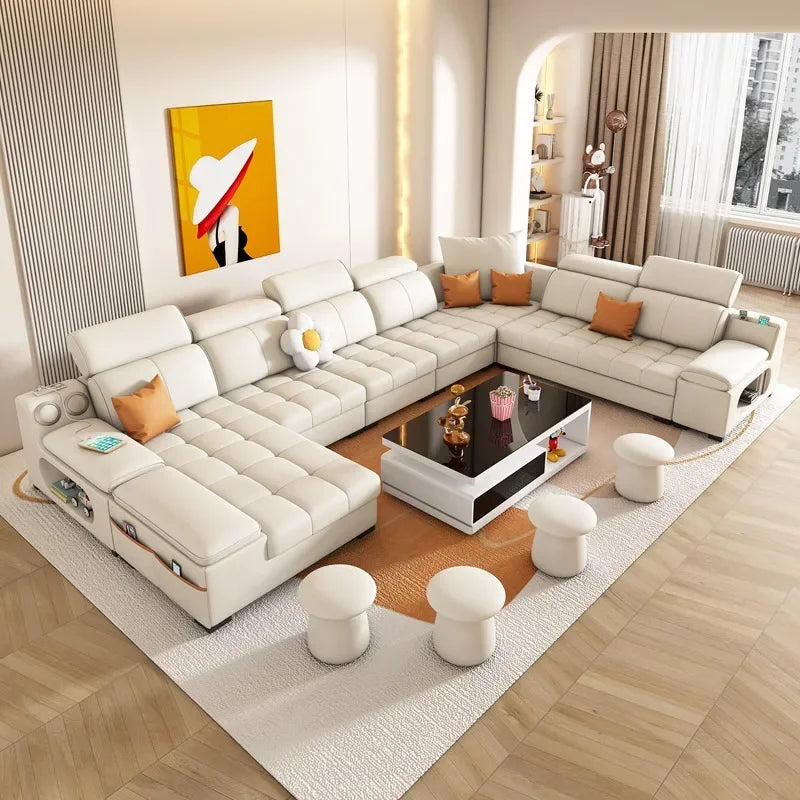 Modernes modulares Ledersofa – Ausziehbares, wasserdichtes L-förmiges Ecksofa mit Armlehne, Schlaffunktion & Stauraum