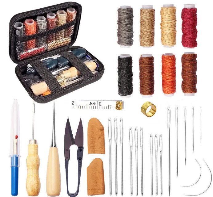 Leder Näh- &amp; Werkzeugset - Kit de reparación y costura para manualidades de cuero con gewachstem Faden, Ahle &amp; Groover para aficionados y profesionales 