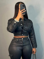 PU Leder Damen Hosenanzug – Einfarbiger Blazer mit Revers & Gerade Hose, minimalistisches 2-teiliges Set für Herbst & Winter