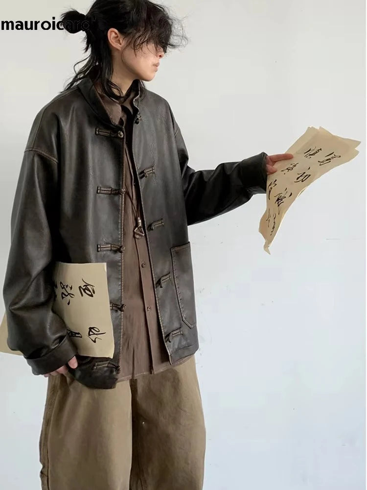 Mauroicardi Herren Oversized PU Lederjacke – Vintage Distressed Designerjacke mit Stehkragen im chinesischen Stil für Frühling & Herbst