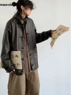 Mauroicardi Herren Oversized PU Lederjacke – Vintage Distressed Designerjacke mit Stehkragen im chinesischen Stil für Frühling & Herbst