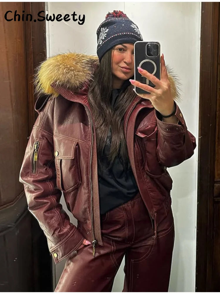 Damen Lederlook Zweiteiler 2025 – High-Street Set con chaqueta y manguera con abnehmbarer Kunstfell-Kapuze, Herbst- &amp; Winter-Outfit mit Stil