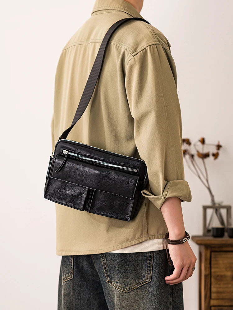 pndme Herren Leder-Messenger Bag – Handmade Cowhide Schultertasche für Arbeit, Reisen & Outdoor, Schwarz