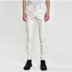 Herren Moto Skinny PU Lederhose – Elastische Kunstlederhose in Schwarz, Gold & Weiß, dünne Biker-Hose für Party & Streetwear (Gr. 28–40)