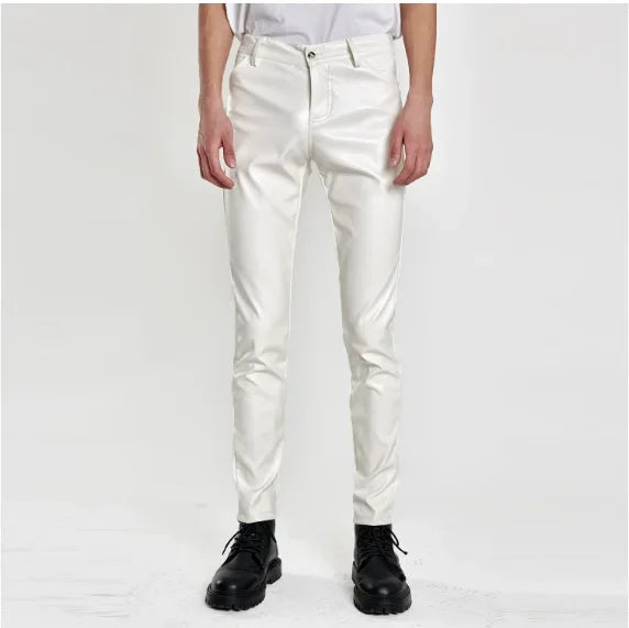 Herren Moto Skinny PU Lederhose – Elastische Kunstlederhose in Schwarz, Gold & Weiß, dünne Biker-Hose für Party & Streetwear (Gr. 28–40)