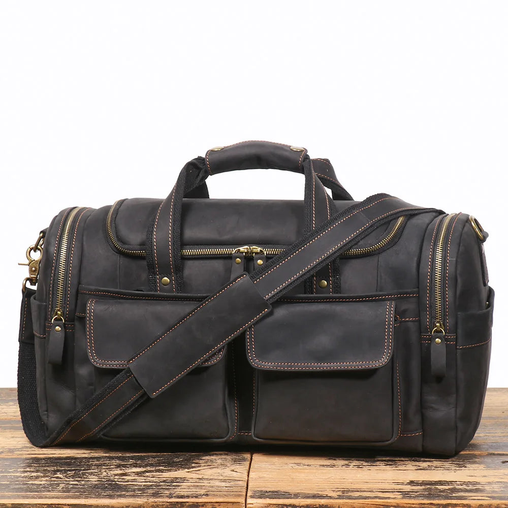 LEATHFOCUS Herren Leder Reisetasche Vintage – Große Crazy Horse Travel Bag aus vollnarbigem Rindsleder, Business- &amp; Weekender Tasche Braun