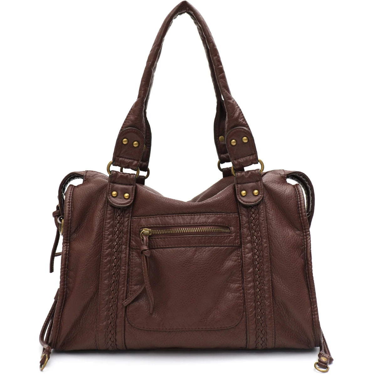 Vintage Tote Bag aus gewaschenem PU-Leder – Große Schulter- & Crossbody Tasche mit Zipperfächern, Flecht- & Quastendetails