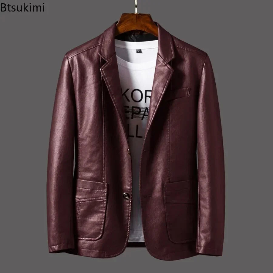 Blazer de cuero de PU para hombre 2025 en estilo coreano: chaqueta de cuero de negocios de corte entallado con reverso, abrigo de cuero moderno para mujeres y hierbas en tallas grandes M-6XL 