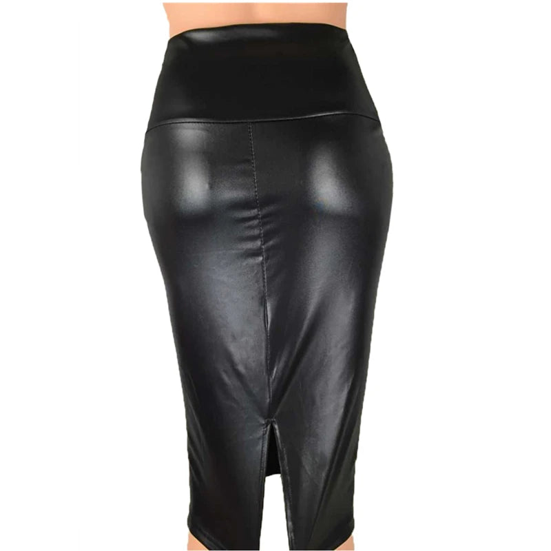 Damen Bleistiftrock aus Kunstleder mit Rückenschlitz – Eleganter High-Waist Pencil Skirt, knie­lang, Slim Fit für Office & Sommer