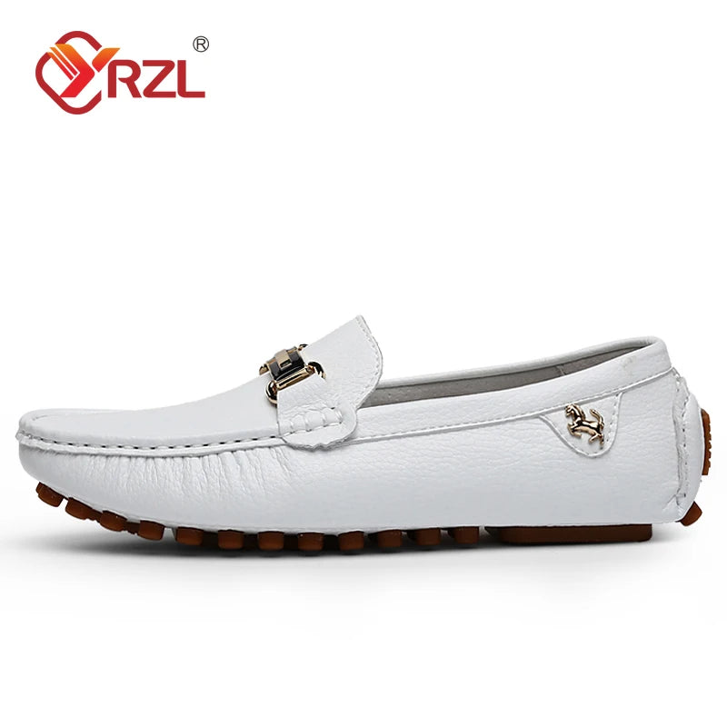 YRZL Herren Loafer aus PU-Leder – Handgefertigte Slip-On Mokassins, Komfortable Driving Shoes in Weiß für Alltag & Freizeit